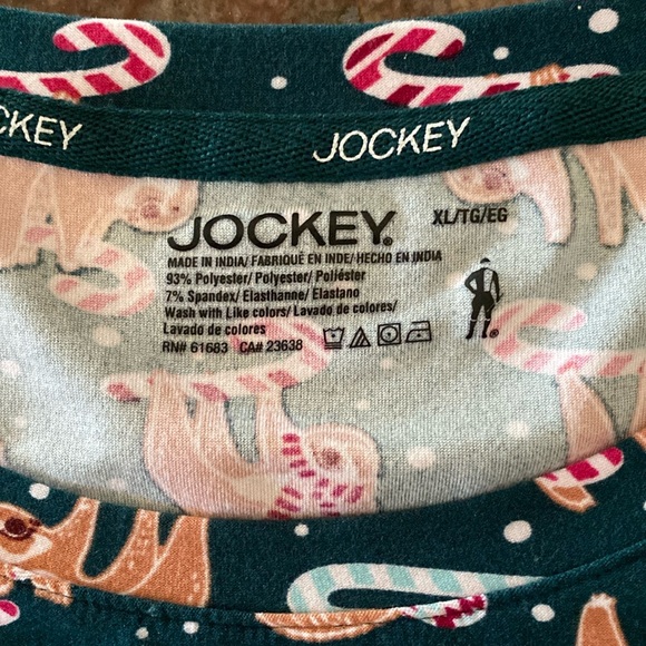 JOCKEY (XL) Sleep or Loungewear Top Dark Green+Tan Sloths w/Peppermint Canes NWT - Picture 4 of 13